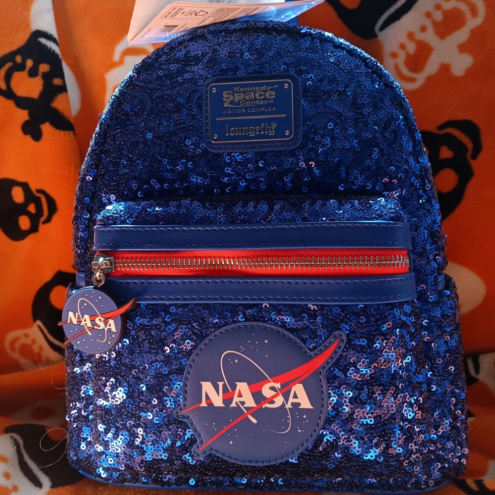 Loungefly Blue Sequin NASA Mini Backpack with Red Accents